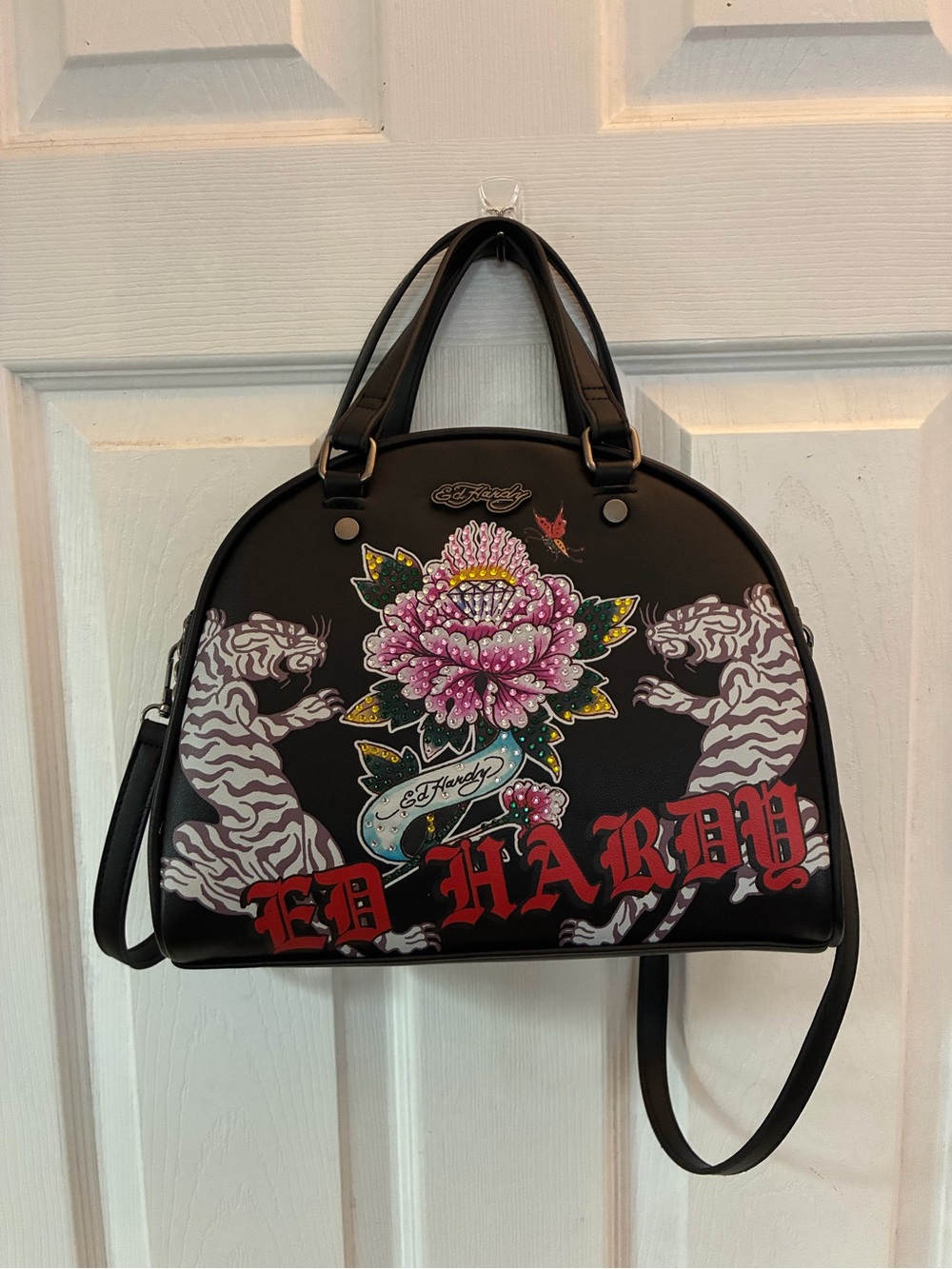 Ed Hardy Black Dome Satchel Tiger & Floral Tattoo Print Bowler Bag Y2K